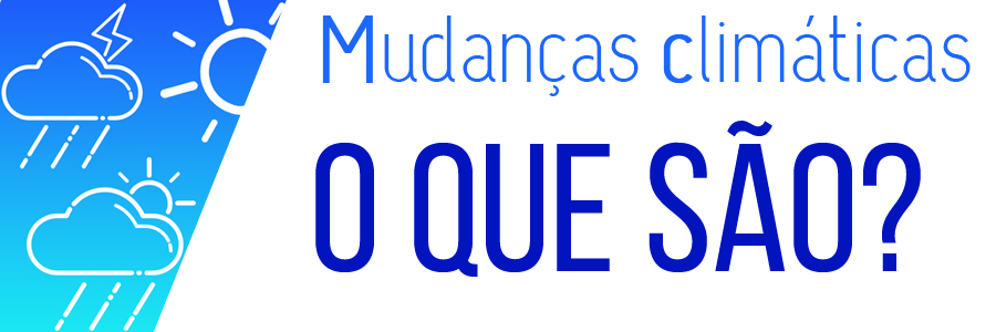 No canto esquerdo da imagem existe um recorte com o fundo degradê de azul. Nesse recorte encontra-se a presentação de duas nuvens brancas, uma com um raio e chuva e a outra, também com chuva e sol. Junto dessas duas figuras econtra-se a representação de um sol na cor branca. O lado direito da imagem tem fundo branco, e centralizado no meio enocntra-se a frase " Mudanças Climáticas: O que são?" na cor azul. 